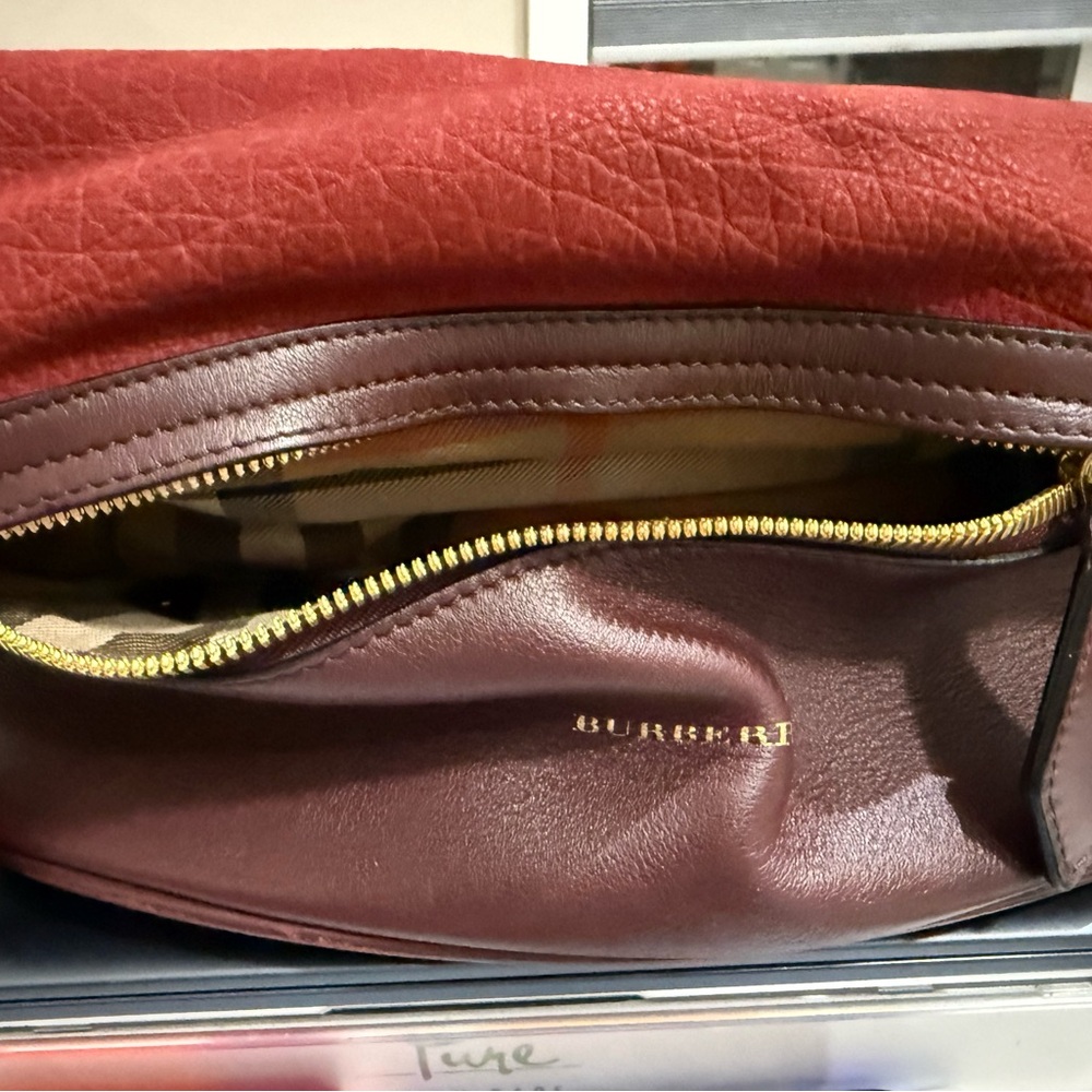 Burberry Red Leather Shoulder Bag with Signature Check Sides - Picture 5 of 9
